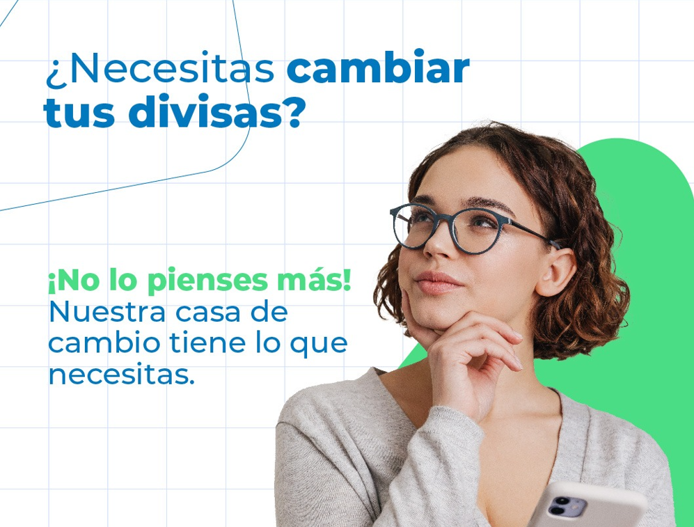 Mujer pensando en cambiar divisas en casa de cambio en Medellín